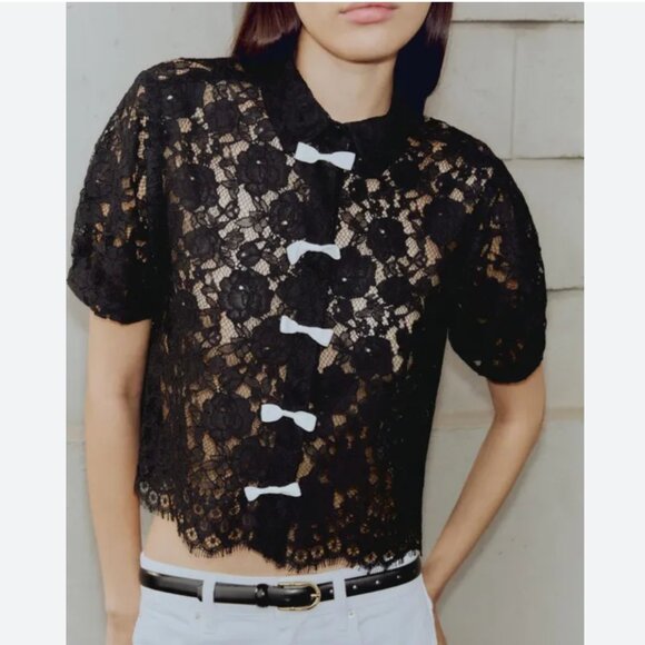 Zara Women Black Lace Top with White Bows Short Sleeve M NWT 3617/922 - Picture 1 of 11